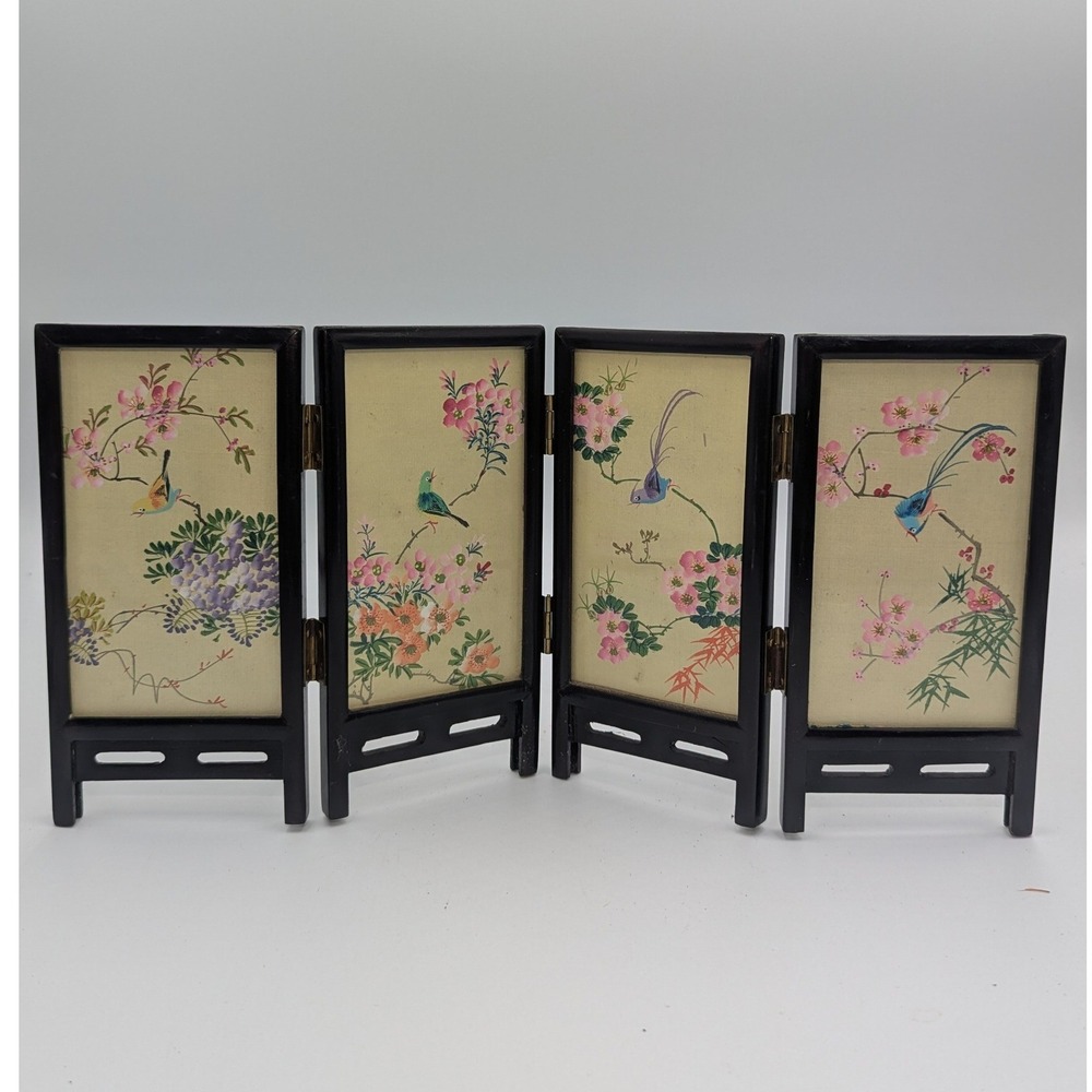 Vintage Chinese Miniature Folding Screen Silk Hand Painted Birds Floral 6in